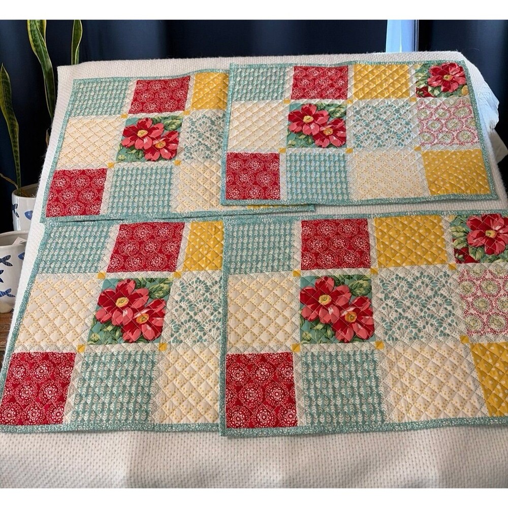 Set of 4 Handmade Quilted Placemats – Floral Patchwork Teal Red Yellow